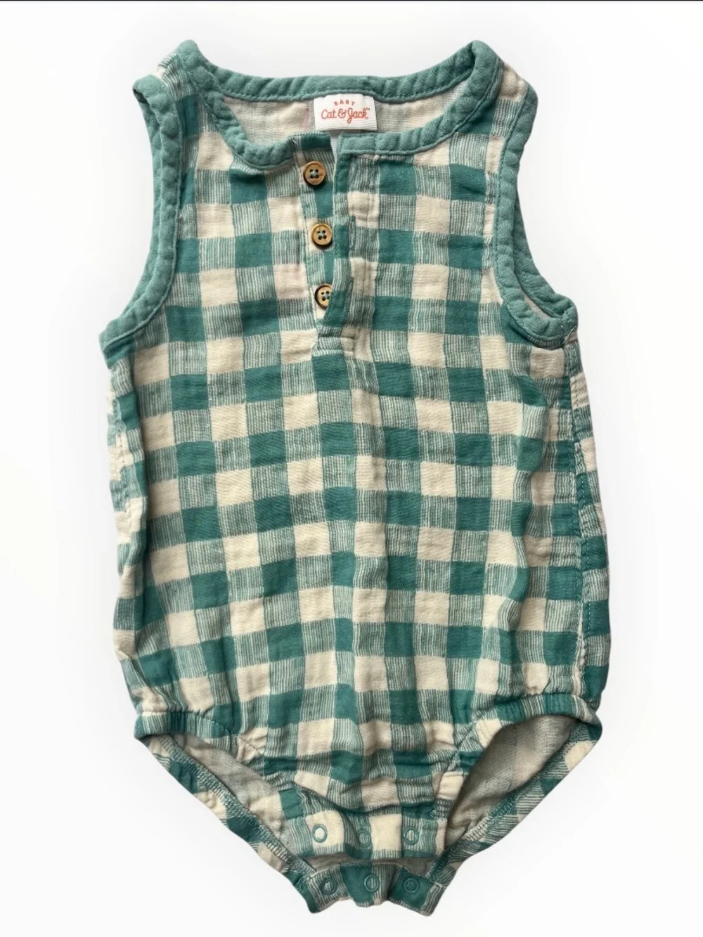 Cat & Jack 12M Green Gingham 100% Cotton Gauze Bubble Romper Sleeveless